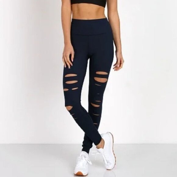 Alo Yoga High-Waist 7/8 Ripped Warrior Leggings Black S Yoga Pilates Athleisure
